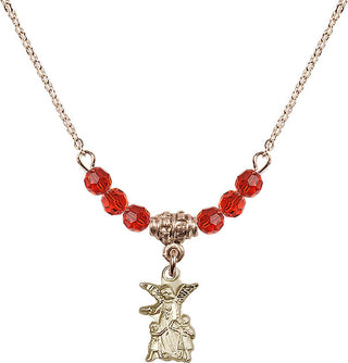 18" Hamilton Gold Plated Necklace with 4mm Ruby Crystal Beads featuring a 14kt Gold Filled Guardian Angel Medal.
