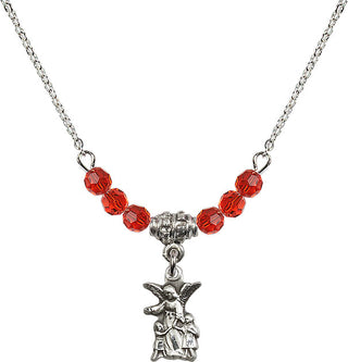 18" Rhodium Plated Necklace with 4mm Ruby Crystal Beads featuring a Sterling Silver Guardian Angel Medal.