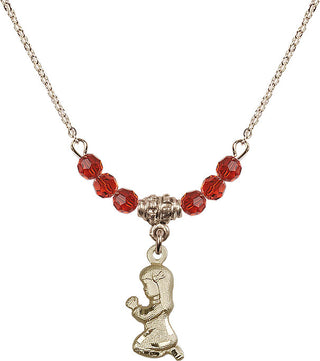 18" Hamilton Gold Plated Necklace with 4mm Ruby Crystal Beads featuring a 14kt Gold Filled Praying Girl Medal.