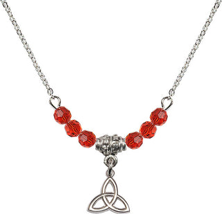 18" Rhodium Plated Necklace with 4mm Ruby Crystal Beads featuring a Sterling Silver Trinity Irish Knot Medal.