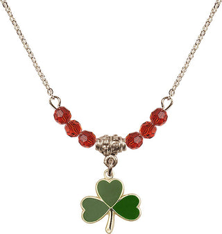 18" Hamilton Gold Plated Necklace with 4mm Ruby Crystal Beads featuring a 14kt Gold Filled Shamrock Medal.