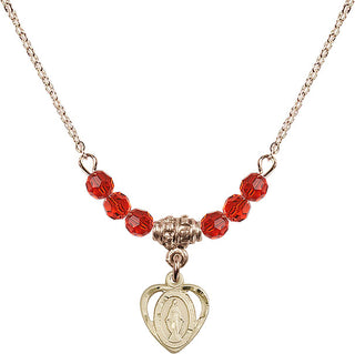 18" Hamilton Gold Plated Necklace with 4mm Ruby Crystal Beads featuring a 14kt Gold Filled Miraculous Medal.