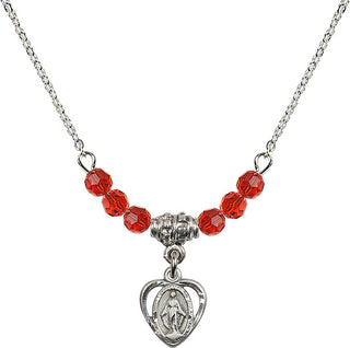 18" Rhodium Plated Necklace with 4mm Ruby Crystal Beads featuring a Sterling Silver Miraculous Medal.
