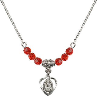 18" Rhodium Plated Necklace with 4mm Ruby Crystal Beads featuring a Sterling Silver Scapular Medal.