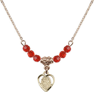 18" Hamilton Gold Plated Necklace with 4mm Ruby Crystal Beads featuring a 14kt Gold Filled Saint Christopher Medal. Engraved Catholic Saint Jewelry