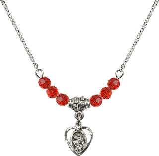 18" Rhodium Plated Necklace with 4mm Ruby Crystal Beads featuring a Sterling Silver Saint Christopher Medal. Engraved Catholic Saint Jewelry