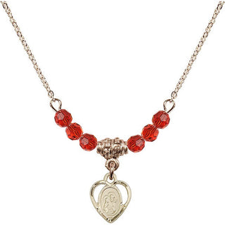 18" Hamilton Gold Plated Necklace with 4mm Ruby Crystal Beads featuring a 14kt Gold Filled Saint Ann Medal. Engraved Catholic Saint Jewelry