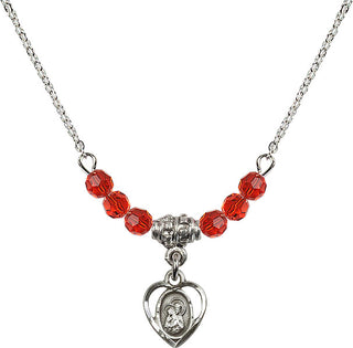 18" Rhodium Plated Necklace with 4mm Ruby Crystal Beads featuring a Sterling Silver Saint Ann Medal. Engraved Catholic Saint Jewelry