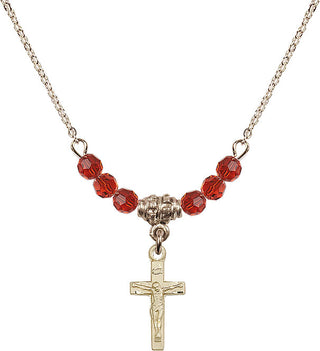 18" Hamilton Gold Plated Necklace with 4mm Ruby Crystal Beads featuring a 14kt Gold Filled Crucifix Medal.
