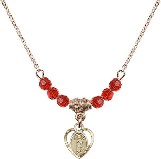 18" Hamilton Gold Plated Necklace with 4mm Ruby Crystal Beads featuring a 14kt Gold Filled Our Lady of Guadalupe Medal.
