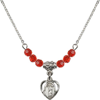 18" Rhodium Plated Necklace with 4mm Ruby Crystal Beads featuring a Sterling Silver Our Lady of Guadalupe Medal.