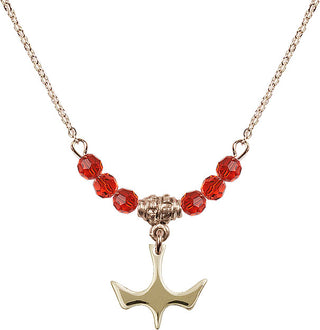 18" Hamilton Gold Plated Necklace with 4mm Ruby Crystal Beads featuring a 14kt Gold Filled Holy Spirit Medal.