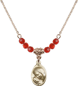 18" Hamilton Gold Plated Necklace with 4mm Ruby Crystal Beads featuring a 14kt Gold Filled Madonna & Child Medal.