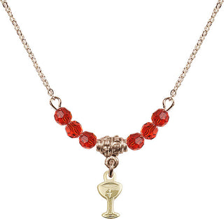 18" Hamilton Gold Plated Necklace with 4mm Ruby Crystal Beads featuring a 14kt Gold Filled Chalice Medal.