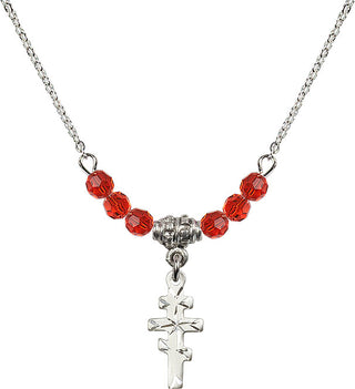18" Rhodium Plated Necklace with 4mm Ruby Crystal Beads featuring a Sterling Silver Greek Orthadox Cross Medal.