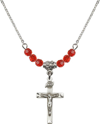 18" Rhodium Plated Necklace with 4mm Ruby Crystal Beads featuring a Sterling Silver Crucifix Medal.