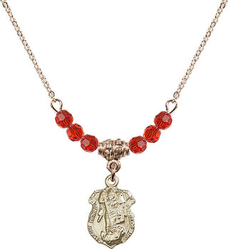 18" Hamilton Gold Plated Necklace with 4mm Ruby Crystal Beads featuring a 14kt Gold Filled Saint Michael the Archangel Medal. Engraved Catholic Saint Jewelry