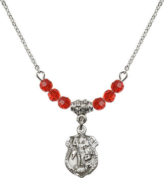 18" Rhodium Plated Necklace with 4mm Ruby Crystal Beads featuring a Sterling Silver Saint Michael the Archangel Medal. Engraved Catholic Saint Jewelry