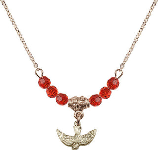 18" Hamilton Gold Plated Necklace with 4mm Ruby Crystal Beads featuring a 14kt Gold Filled Holy Spirit Medal.