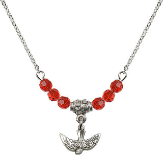18" Rhodium Plated Necklace with 4mm Ruby Crystal Beads featuring a Sterling Silver Holy Spirit Medal.