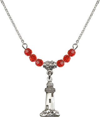 18" Rhodium Plated Necklace with 4mm Ruby Crystal Beads featuring a Sterling Silver Lighthouse Medal.
