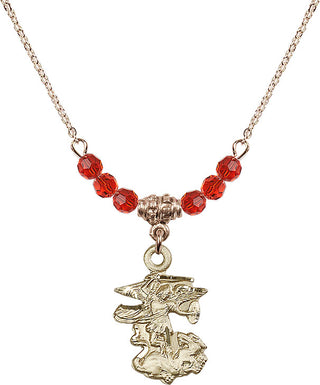 18" Hamilton Gold Plated Necklace with 4mm Ruby Crystal Beads featuring a 14kt Gold Filled Saint Michael the Archangel Medal.