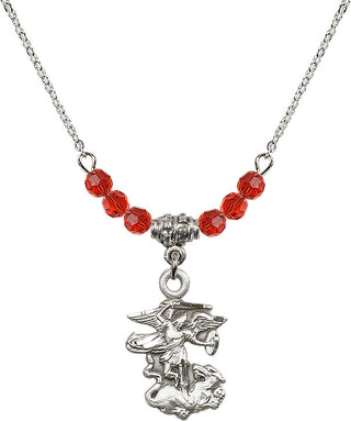 18" Rhodium Plated Necklace with 4mm Ruby Crystal Beads featuring a Sterling Silver Saint Michael the Archangel Medal.
