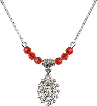 18" Rhodium Plated Necklace with 4mm Ruby Crystal Beads featuring a Sterling Silver Miraculous Medal.