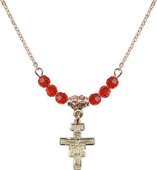 18" Hamilton Gold Plated Necklace with 4mm Ruby Crystal Beads featuring a 14kt Gold Filled San Damiano Crucifix Medal.