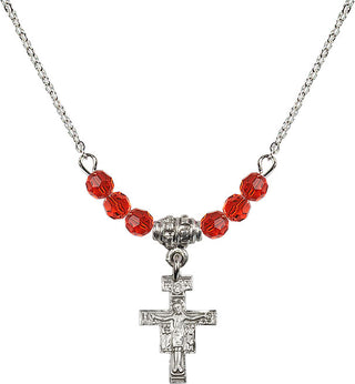 18" Rhodium Plated Necklace with 4mm Ruby Crystal Beads featuring a Sterling Silver San Damiano Crucifix Medal.