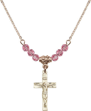 18" Hamilton Gold Plated Necklace with 4mm Rose Crystal Beads featuring a 14kt Gold Filled Crucifix Medal.