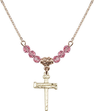 18" Hamilton Gold Plated Necklace with 4mm Rose Crystal Beads featuring a 14kt Gold Filled Nail Cross Medal.