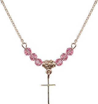 18" Hamilton Gold Plated Necklace with 4mm Rose Crystal Beads featuring a 14kt Gold Filled Cross Medal.