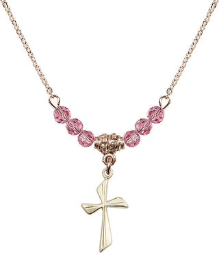 18" Hamilton Gold Plated Necklace with 4mm Rose Crystal Beads featuring a 14kt Gold Filled Cross Medal.