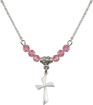 18" Rhodium Plated Necklace with 4mm Rose Crystal Beads featuring a Sterling Silver Cross Medal.