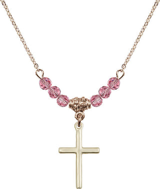 18" Hamilton Gold Plated Necklace with 4mm Rose Crystal Beads featuring a 14kt Gold Filled Cross Medal.