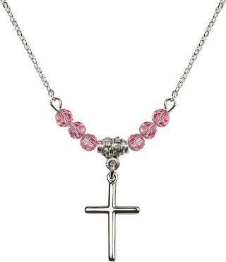 18" Rhodium Plated Necklace with 4mm Rose Crystal Beads featuring a Sterling Silver Cross Medal.
