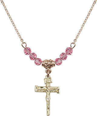 18" Hamilton Gold Plated Necklace with 4mm Rose Crystal Beads featuring a 14kt Gold Filled Nail Crucifix Medal.