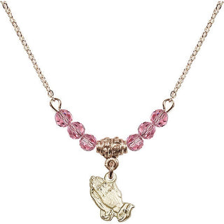 18" Hamilton Gold Plated Necklace with 4mm Rose Crystal Beads featuring a 14kt Gold Filled Praying Hands Medal.