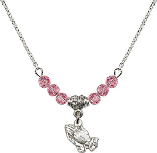 18" Rhodium Plated Necklace with 4mm Rose Crystal Beads featuring a Sterling Silver Praying Hands Medal.
