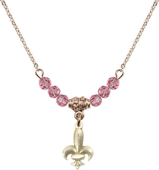 18" Hamilton Gold Plated Necklace with 4mm Rose Crystal Beads featuring a 14kt Gold Filled Fleur de Lis Medal.