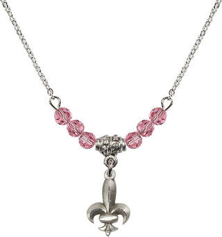 18" Rhodium Plated Necklace with 4mm Rose Crystal Beads featuring a Sterling Silver Fleur de Lis Medal.