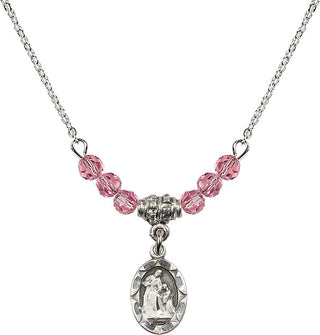 18" Rhodium Plated Necklace with 4mm Rose Crystal Beads featuring a Sterling Silver Saint Ann Medal.