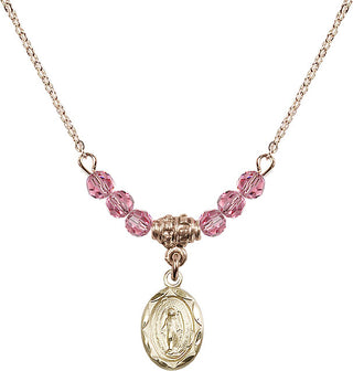 18" Hamilton Gold Plated Necklace with 4mm Rose Crystal Beads featuring a 14kt Gold Filled Miraculous Medal.