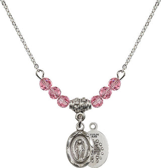 18" Rhodium Plated Necklace with 4mm Rose Crystal Beads featuring a Sterling Silver Miraculous Medal.