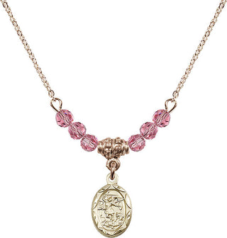 18" Hamilton Gold Plated Necklace with 4mm Rose Crystal Beads featuring a 14kt Gold Filled Saint Michael the Archangel Medal.
