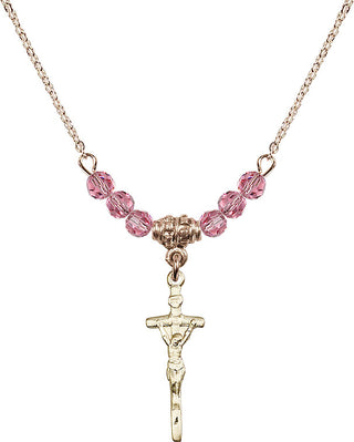 18" Hamilton Gold Plated Necklace with 4mm Rose Crystal Beads featuring a 14kt Gold Filled Papal Crucifix Medal.