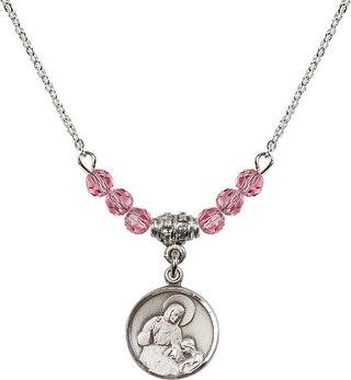 18" Rhodium Plated Necklace with 4mm Rose Crystal Beads featuring a Sterling Silver Saint Ann Medal. Engraved Catholic Saint Jewelry