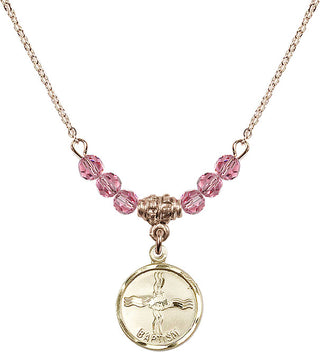 18" Hamilton Gold Plated Necklace with 4mm Rose Crystal Beads featuring a 14kt Gold Filled Baptism Medal. Engraved Catholic Saint Jewelry