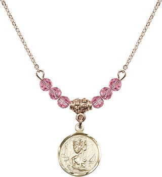 18" Hamilton Gold Plated Necklace with 4mm Rose Crystal Beads featuring a 14kt Gold Filled Saint Christopher Medal. Engraved Catholic Saint Jewelry